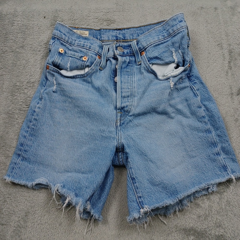 Levis 501 Shorts Womens 26 Blue Denim Pockets Casual Modern Premium Distressed